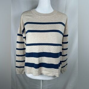 Gap Striped Knit Sweater Small Oat Beige Blue Crewneck Cotton Blend Casual
